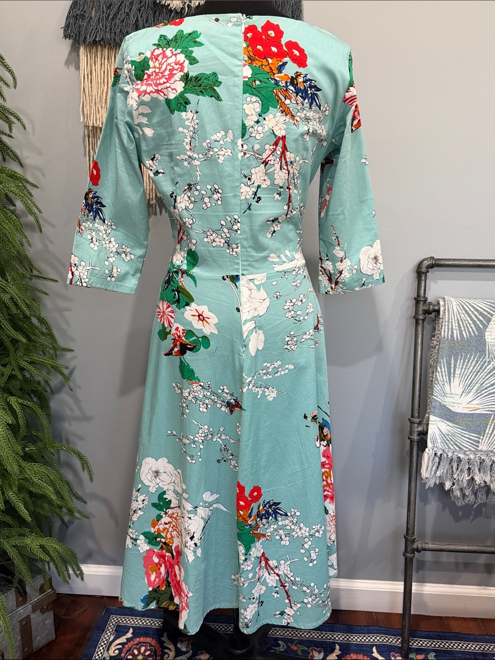 Vintage Inspired 50s Floral Swing Dress Tie Waist Large - Picture 5 of 11